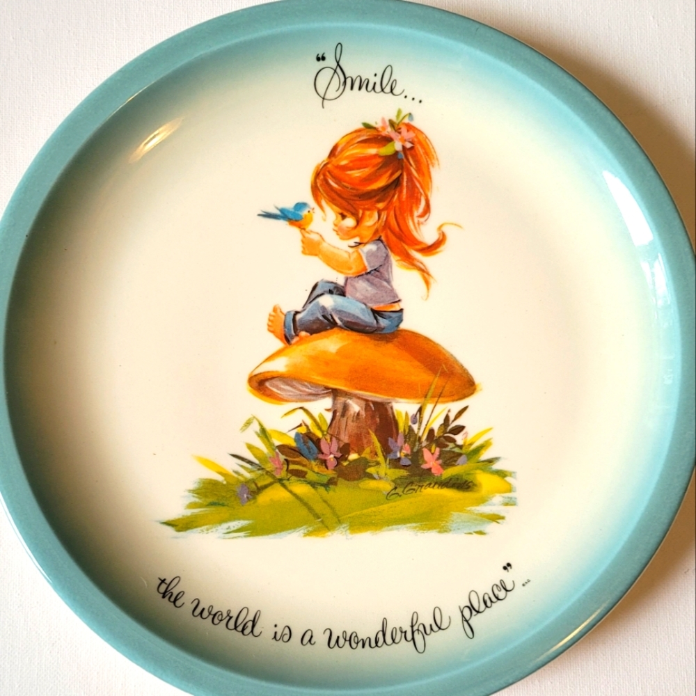 Vintage Wall  Plate Girl  Blue Bird Mushroom,Signed Gigi Collection Édition MCM